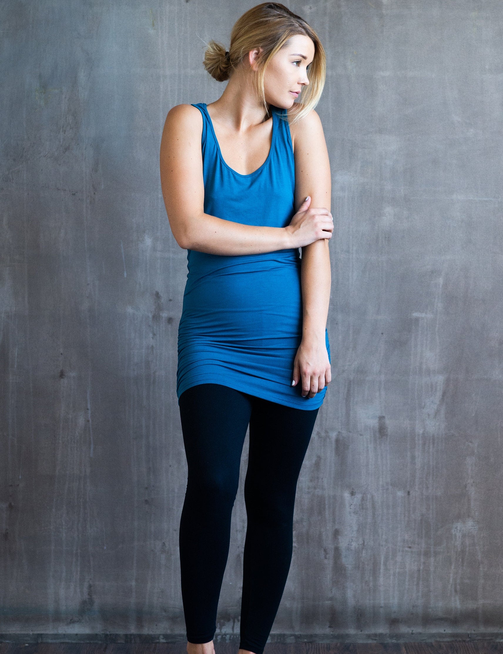 Holli Ruched Sides Long Yoga Tank Top in Horizon Blue