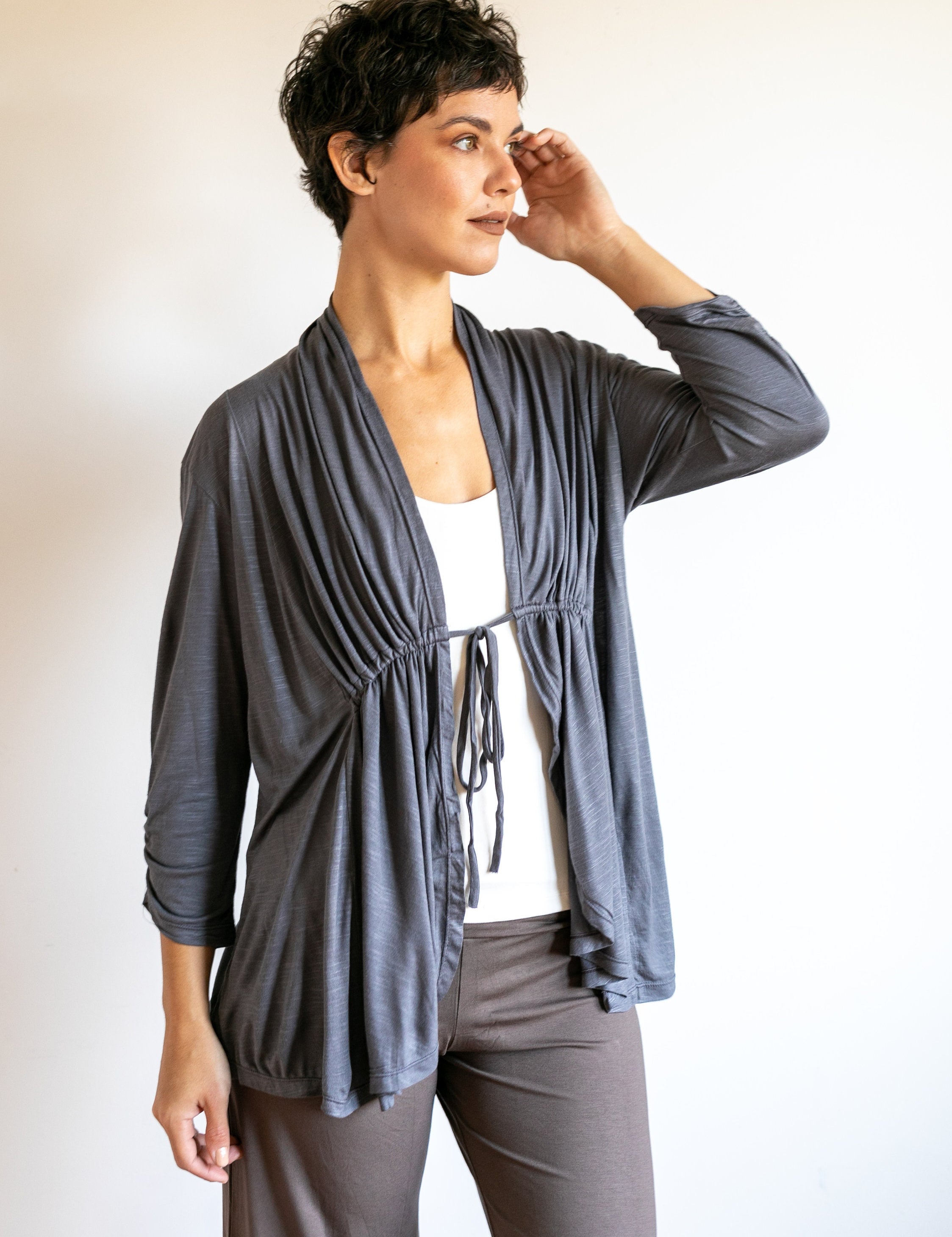 Tie in Front 3/4 Sleeve Blouse in Slate Grey