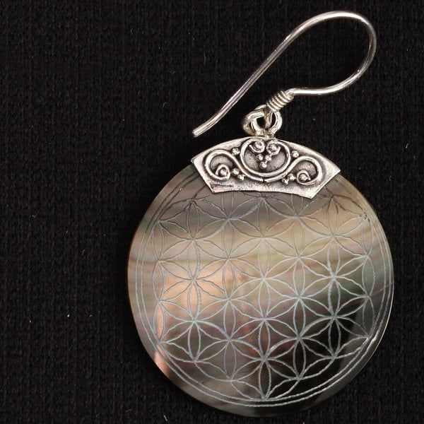 Flower Of Life Engraved Shell Pendant Earrings