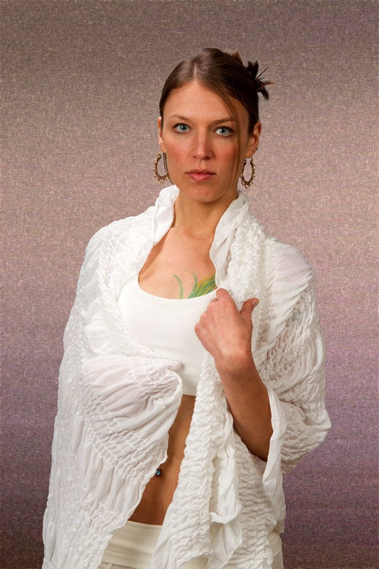 Cotton Ruched Shawl White Kundalini Yoga Wrap
